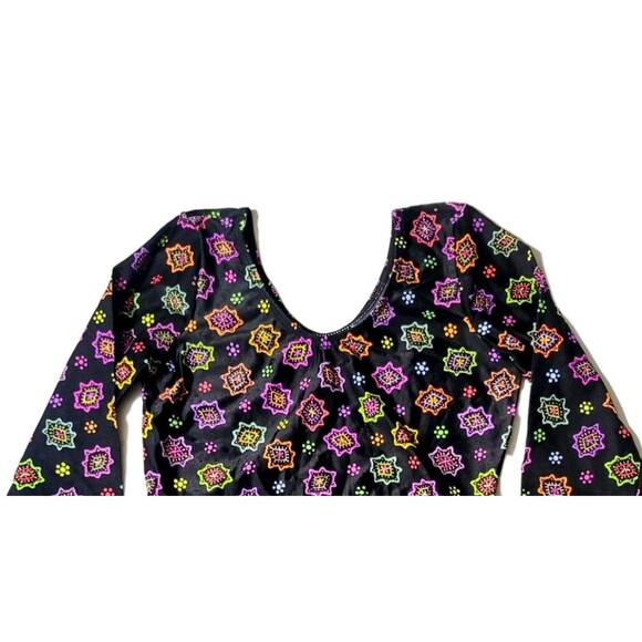 GK Elite AL Scoop Neck Leotard VTG Long Sleeve Adult L Neon Black Geometric NWT - Picture 4 of 9